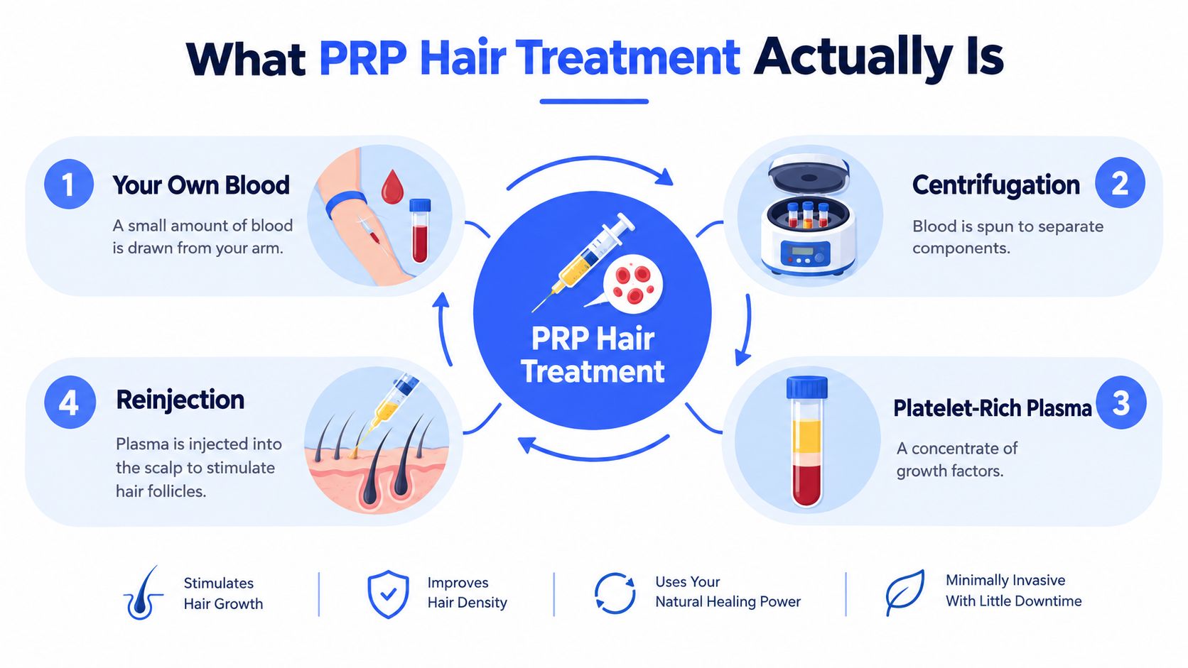 A four-step infographic explaining the process of PRP hair treatment using blood collection, centrifugation, and injection.