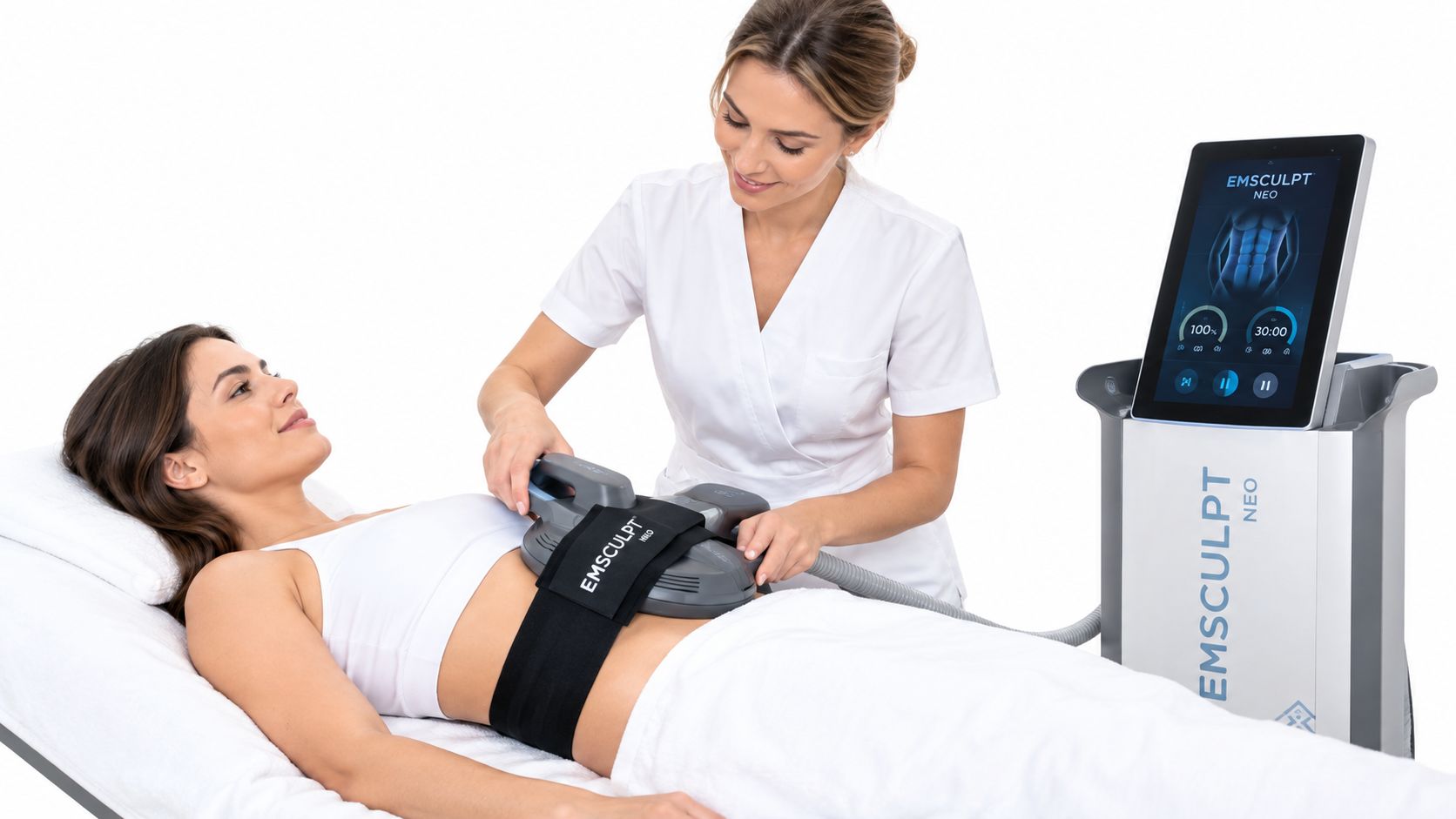 A professional therapist using an Emsculpt Neo device on a patient's abdomen to target body contouring.