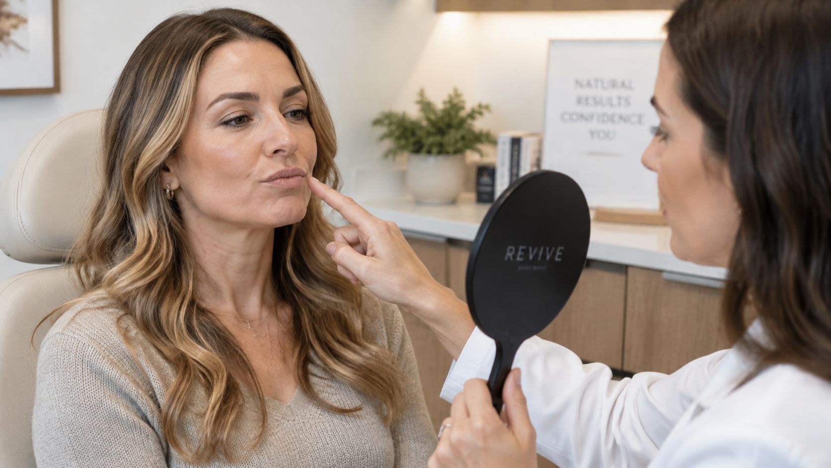 A practitioner consults a woman on aesthetic treatments for her mouth area using a mirror.