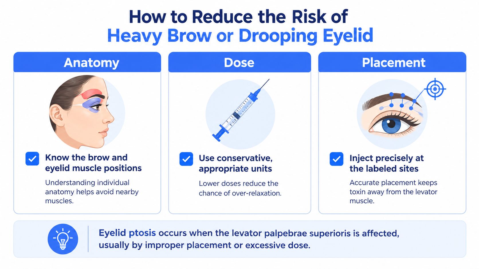 An infographic showing how to reduce the risk of heavy brow and eyelid ptosis from cosmetic injections.