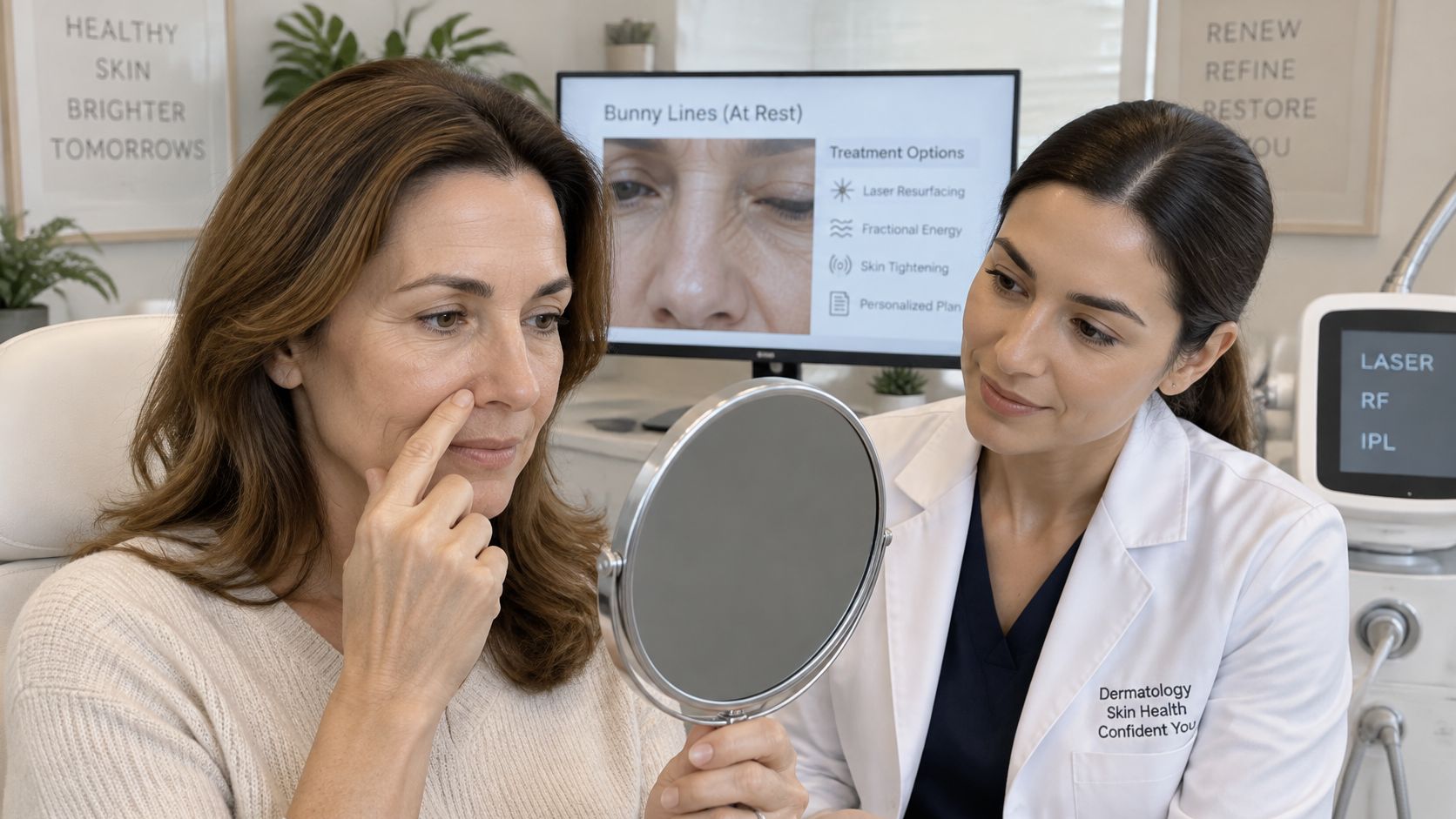 A dermatologist consults with a female patient about her facial bunny lines using a mirror and display.