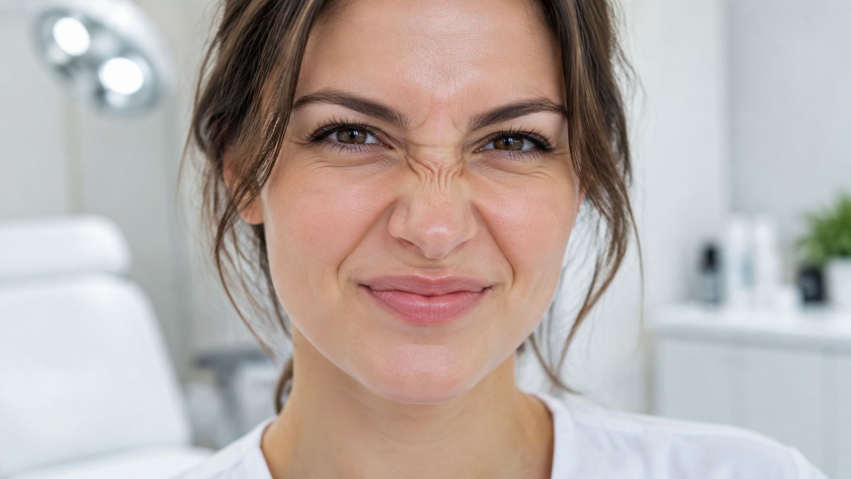 A close-up portrait of a woman showing dynamic bunny lines on her nose bridge while scrunching her face.