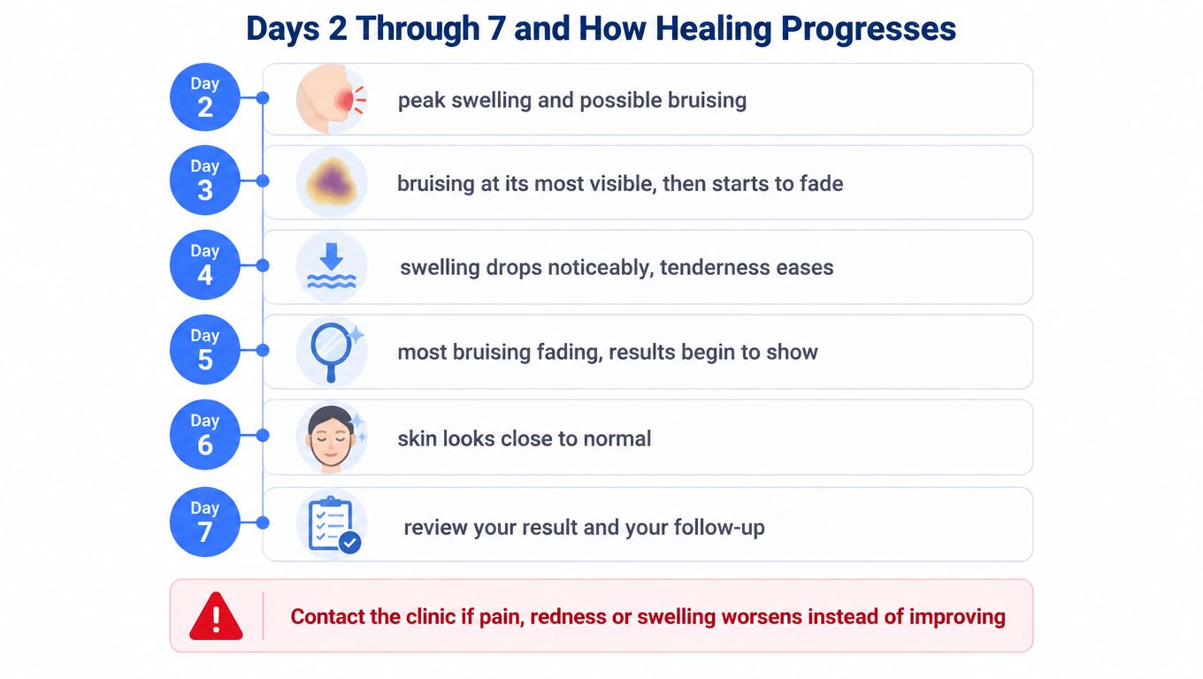 A timeline graphic showing the typical healing progression stages from day two to day seven after filler injections.