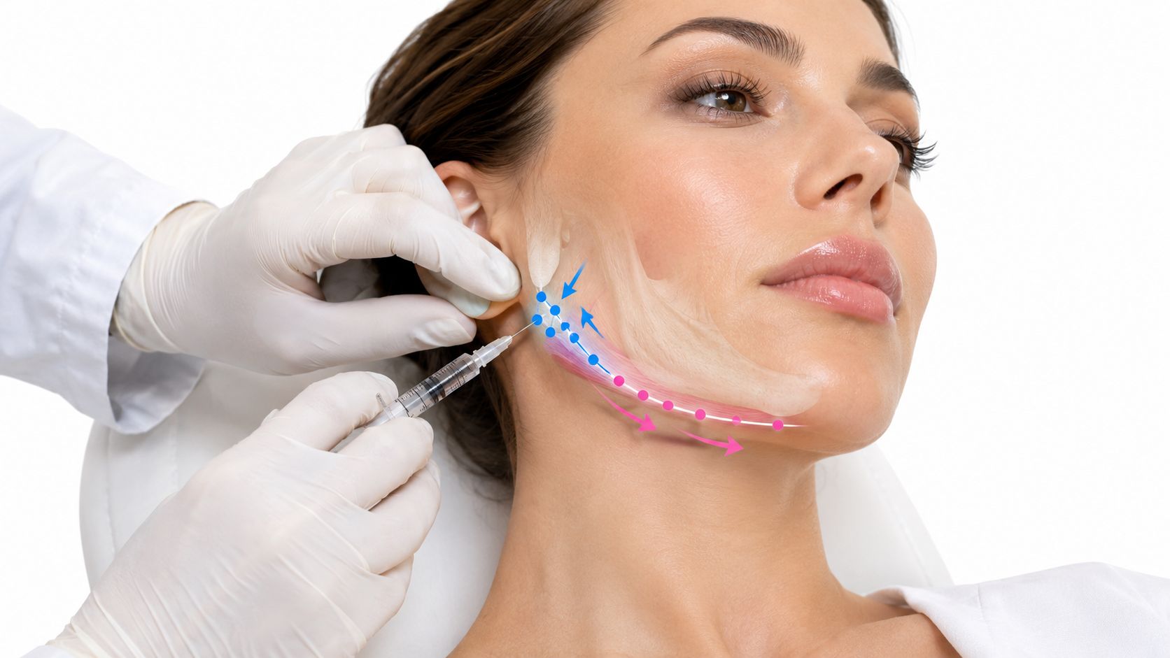 A professional doctor performing a cosmetic dermal filler injection procedure on a patient's jawline for skin rejuvenation.