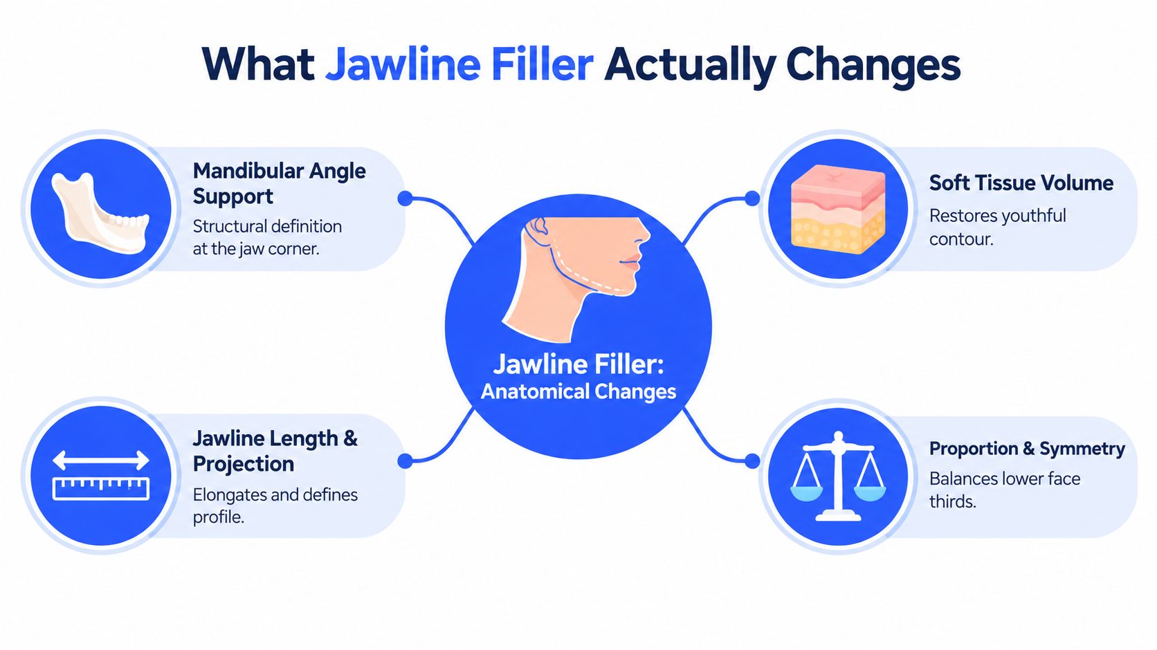 An infographic detailing the four key anatomical changes achieved through jawline filler treatments and injections.
