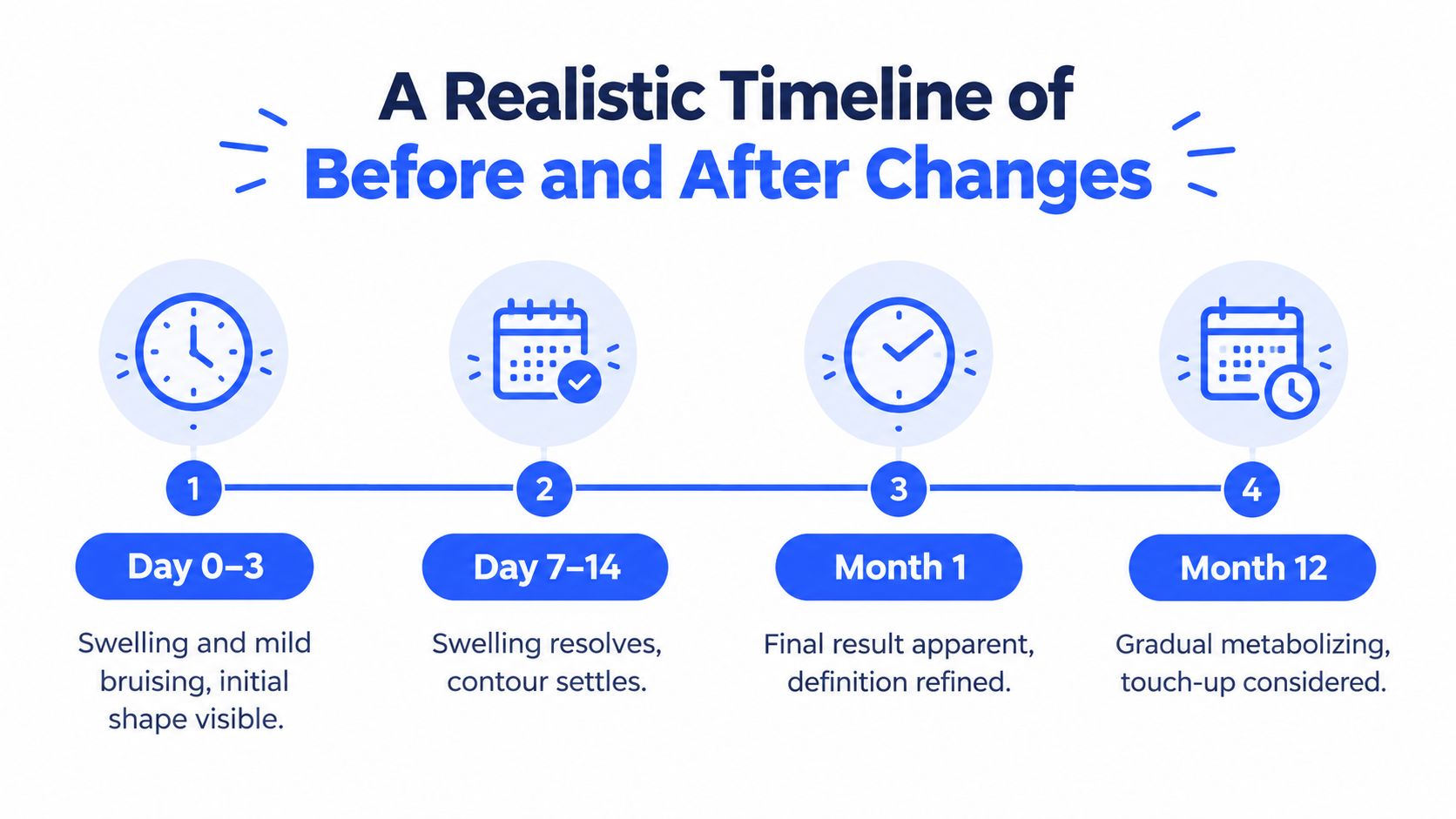 A timeline graphic showing the expected recovery stages after a dermal filler jawline procedure from day zero to twelve months.