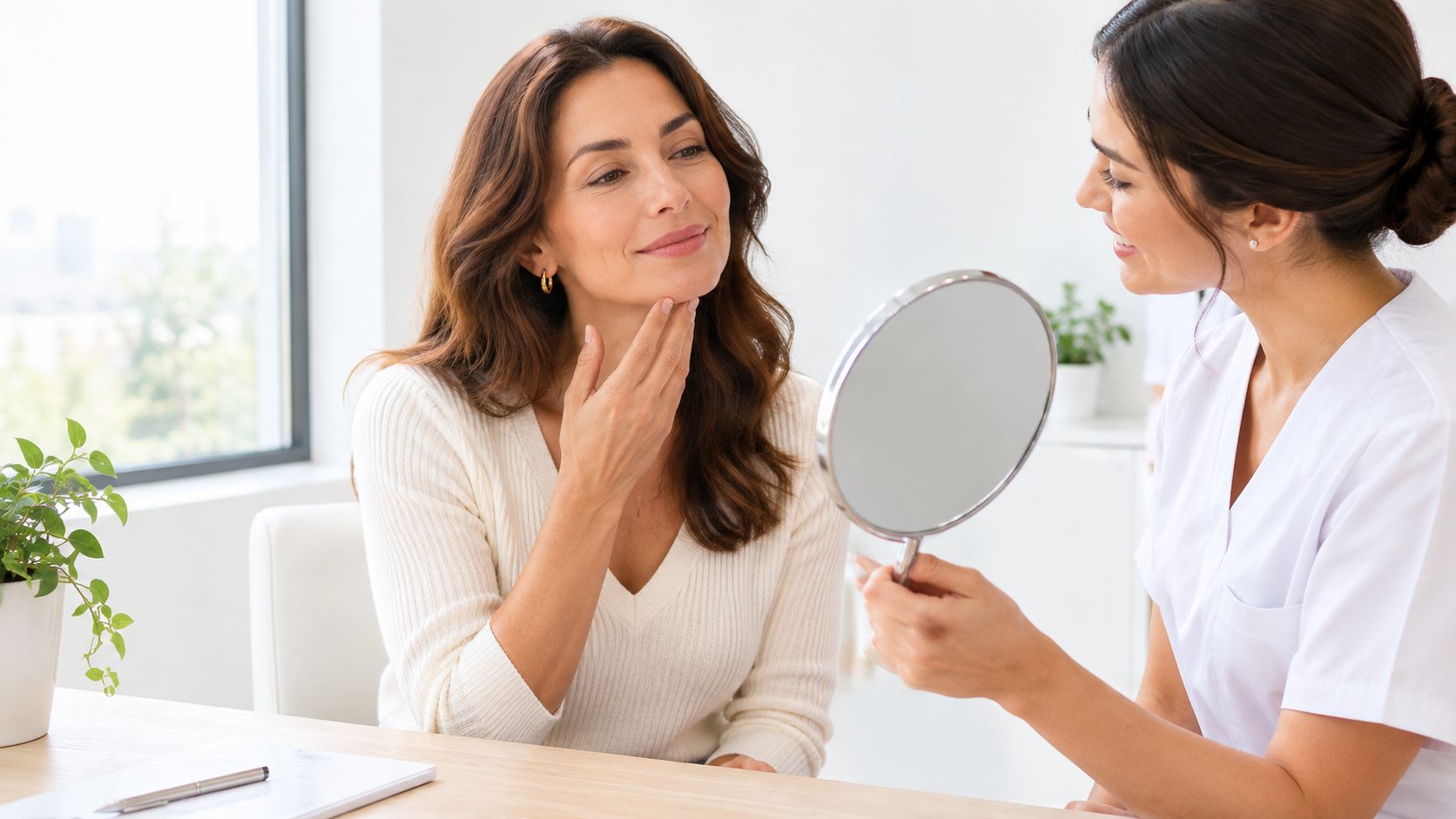 A professional aesthetician showing a smiling client her jawline in a small handheld cosmetic mirror.