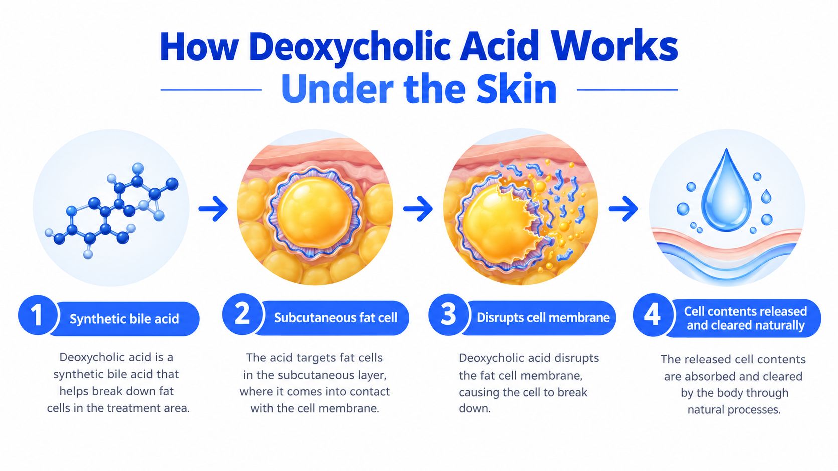 An infographic showing the four-step biological process of how deoxycholic acid injections reduce subcutaneous fat cells.