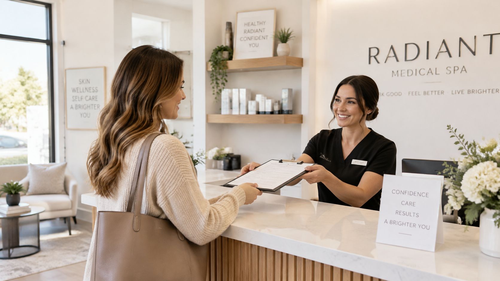 A receptionist at Radiant Medical Spa smiling while handing a clipboard to a female client at the desk.