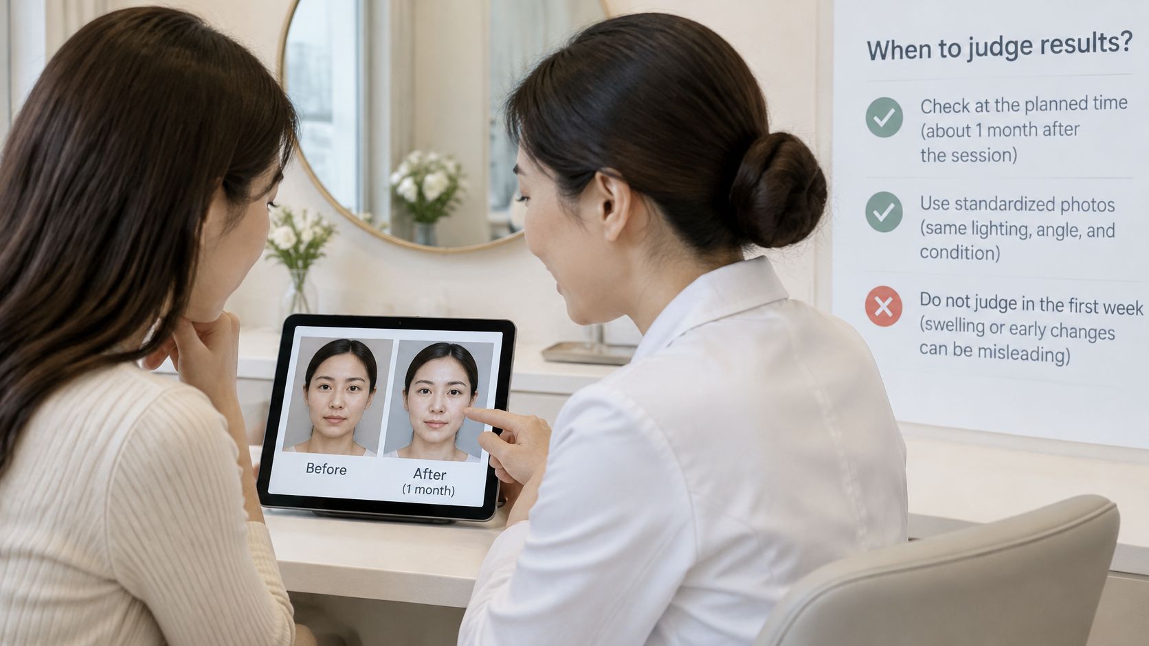 A professional consultation session where a doctor shows a patient before and after treatment photos on tablet.