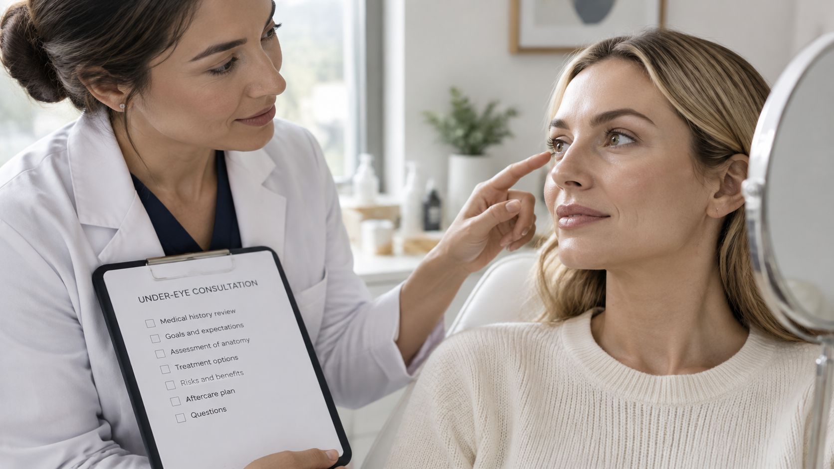 A professional dermatologist consults a patient about under-eye treatment options using a clipboard checklist in a clinic.