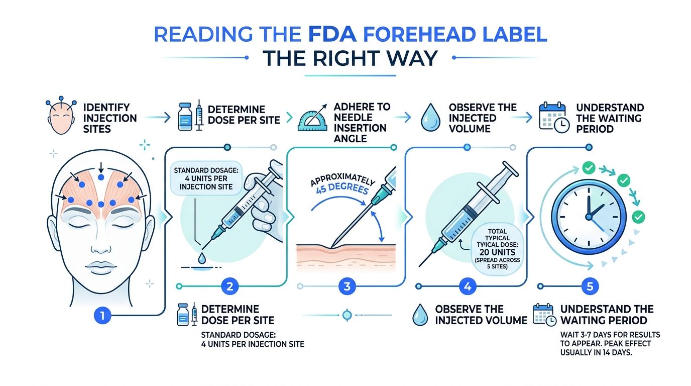 An infographic illustrating the standard FDA guidelines for administering Botox injections into the forehead for treating wrinkles.