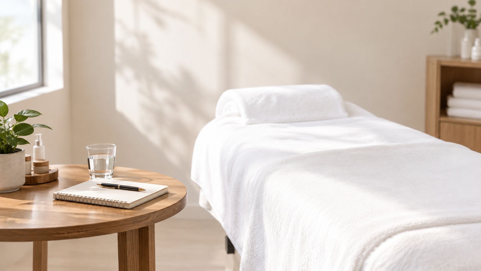 A serene, minimalist massage room with a clean white treatment table, a wooden side table, and plant.