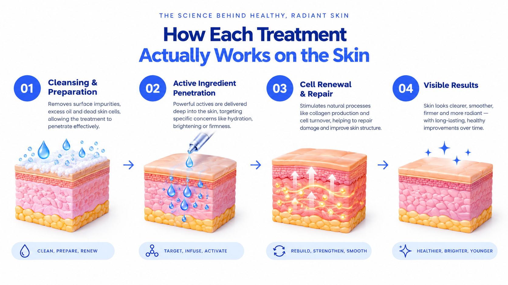 An infographic showing the four stages of a skin treatment process including cleansing, ingredient penetration, repair, and results.