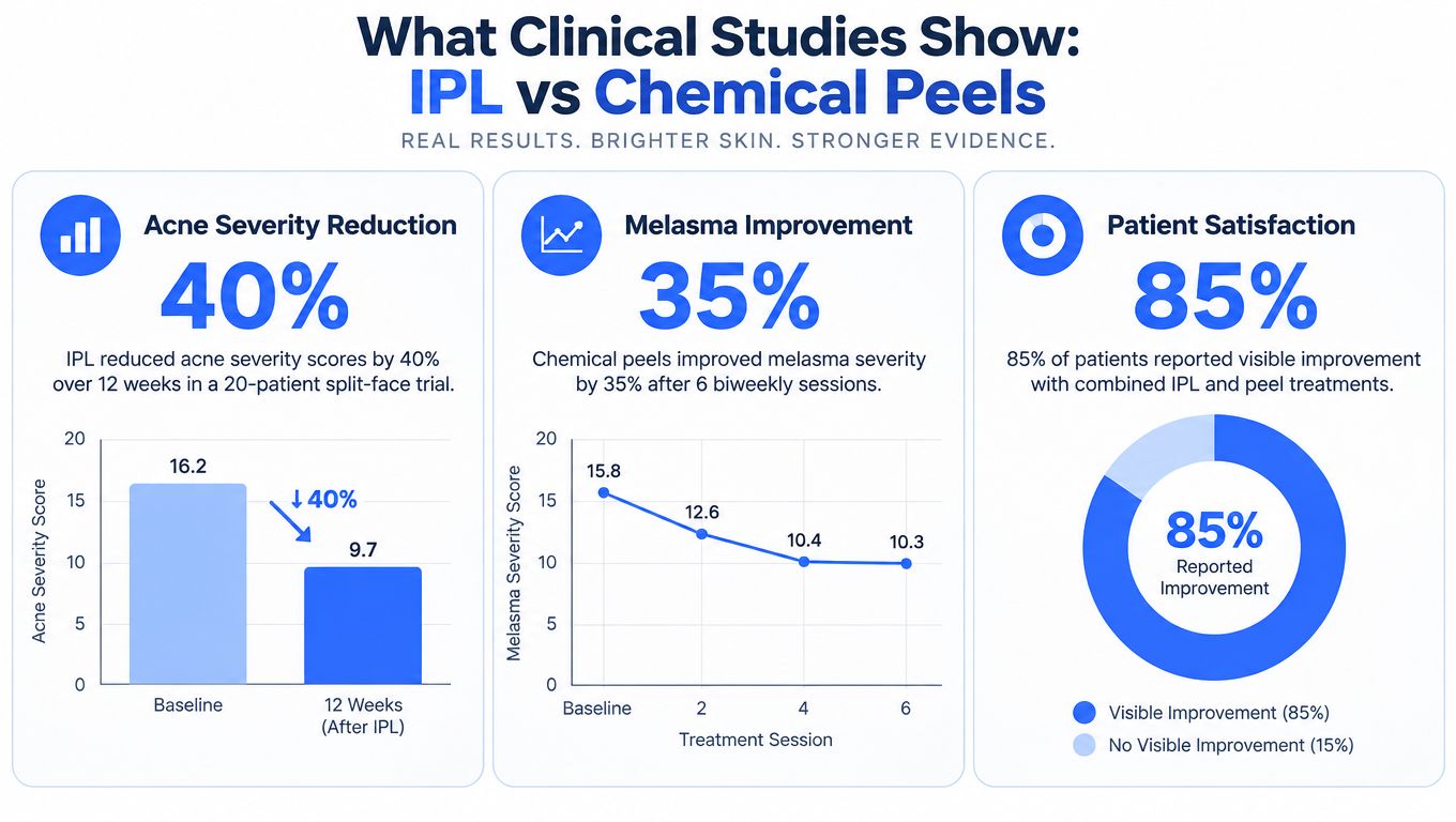 A clinical study infographic comparing IPL and chemical peels for acne reduction, melasma improvement, and patient satisfaction.
