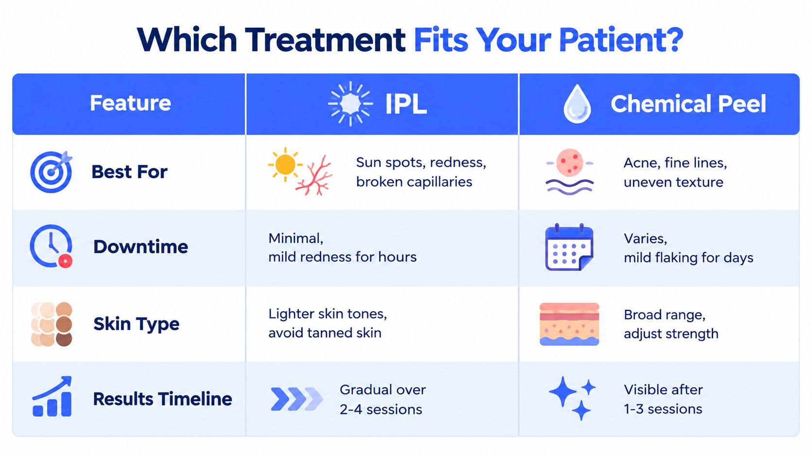 A comparison chart outlining the differences between IPL and chemical peel treatments for skin improvement.
