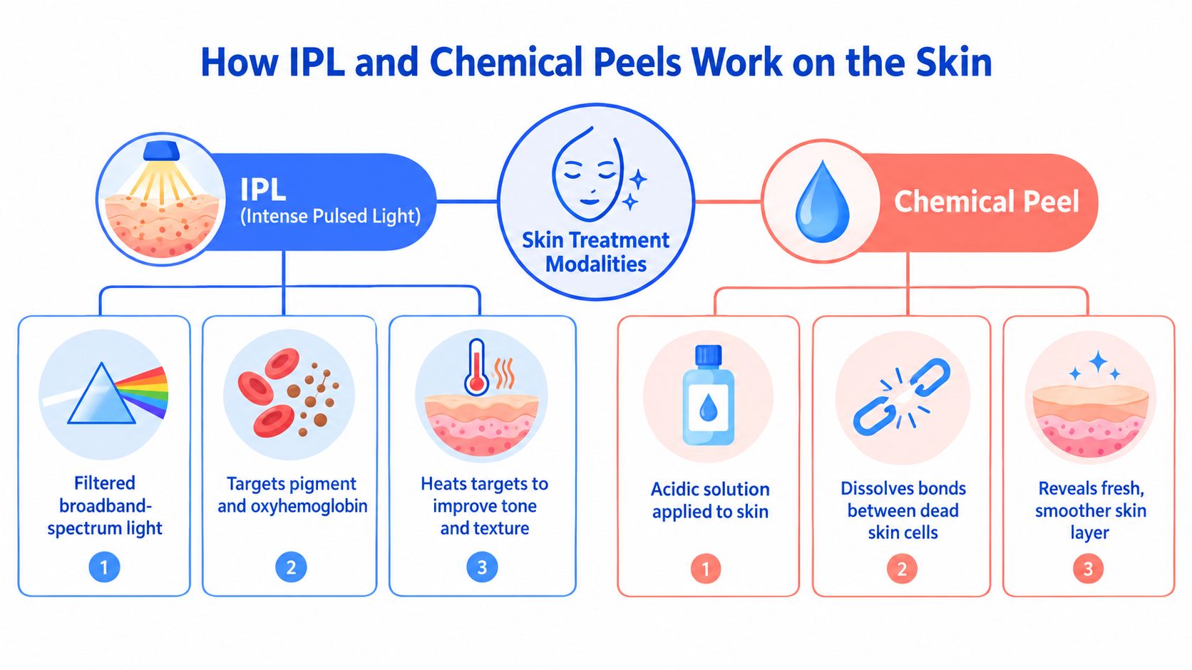 A diagram comparing how IPL treatment and chemical peels work to improve skin tone and texture.