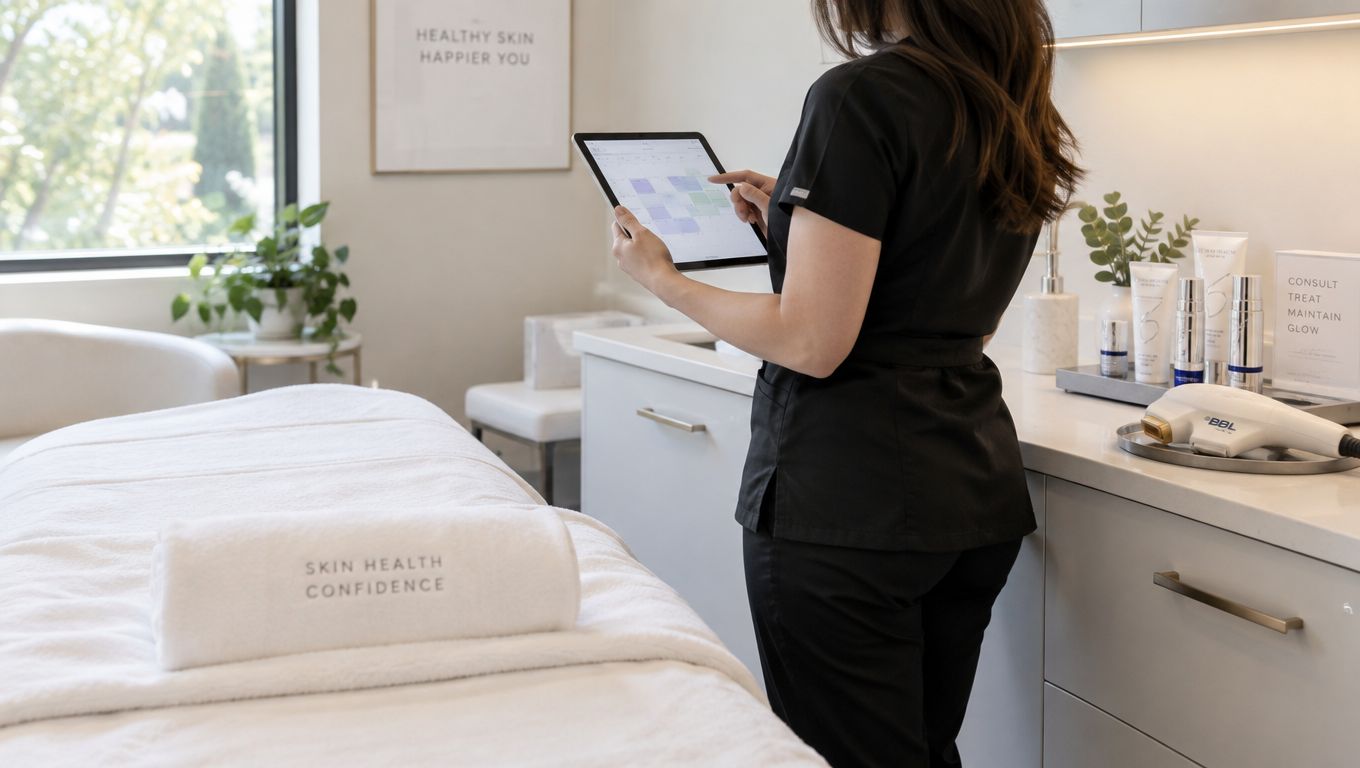 A professional esthetician in a black uniform reviewing a schedule on a digital tablet in a clinic.