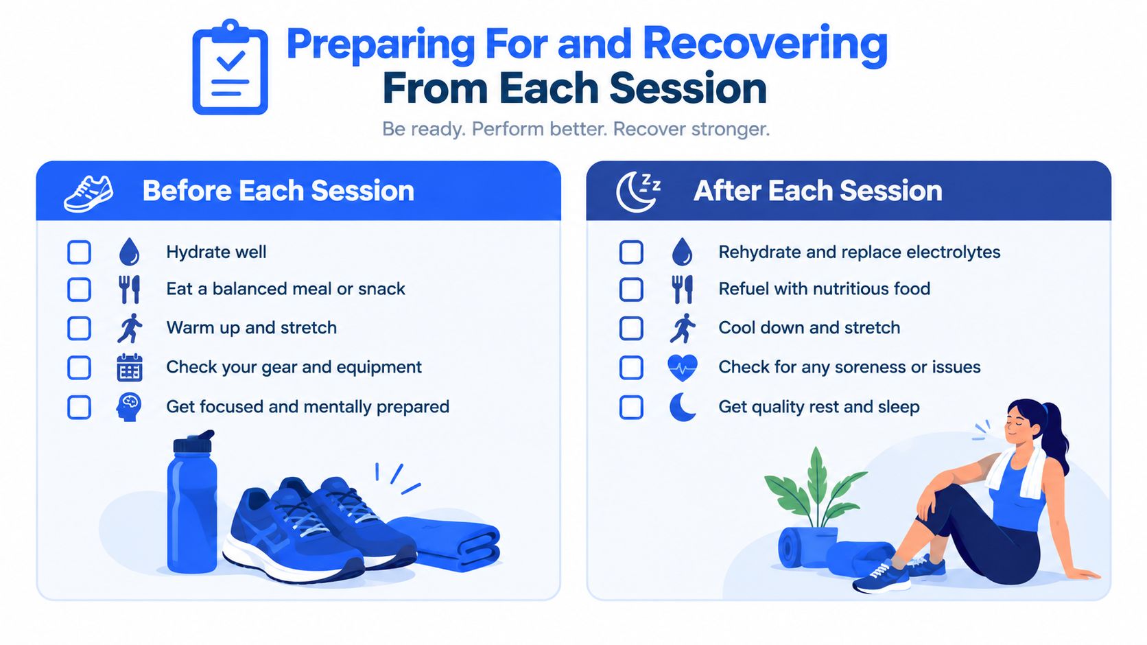 An infographic showing tips for exercise preparation and post-workout recovery, including hydration, nutrition, and rest.