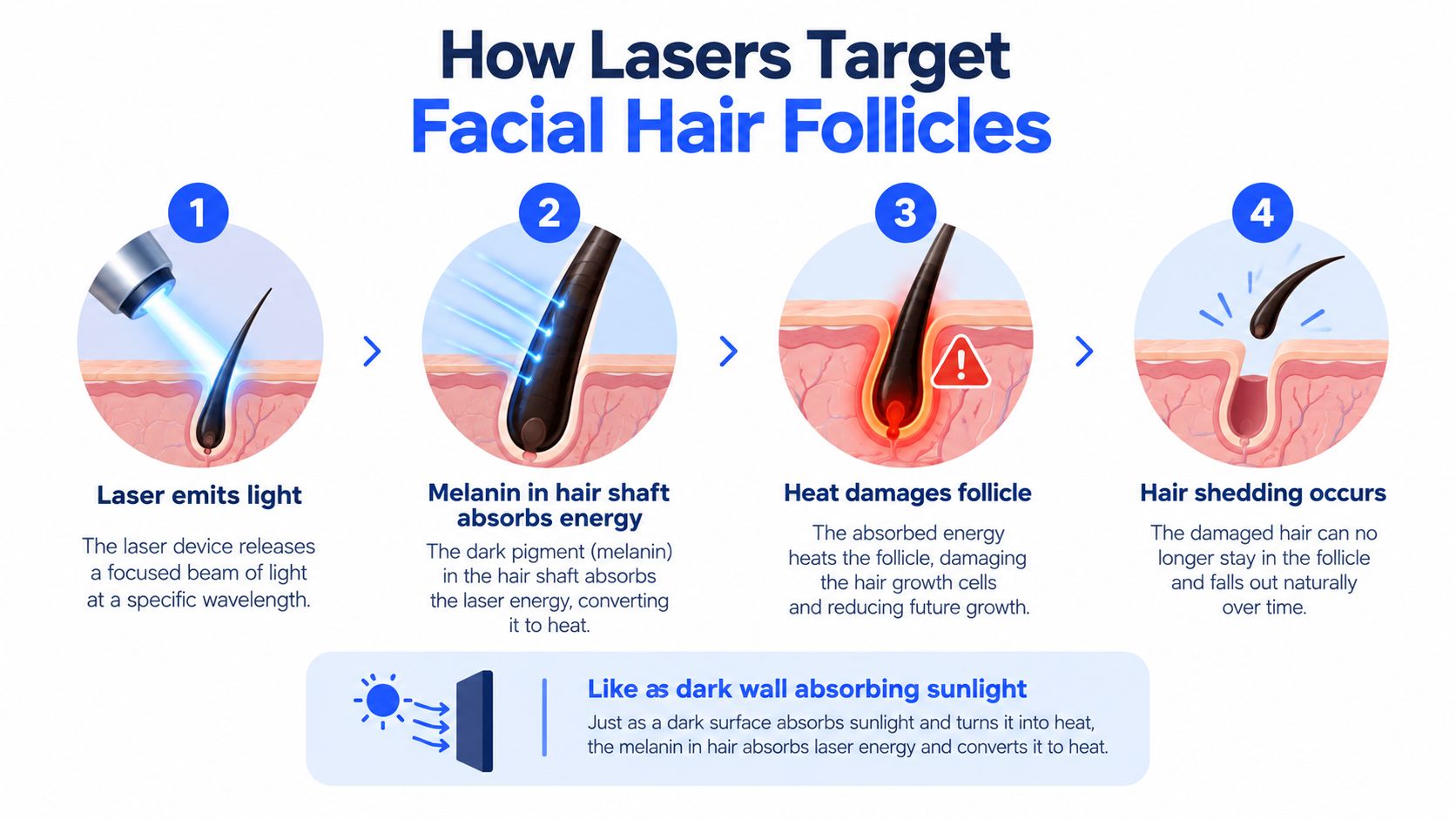 An infographic showing the four steps of how laser hair removal works on a facial hair follicle.