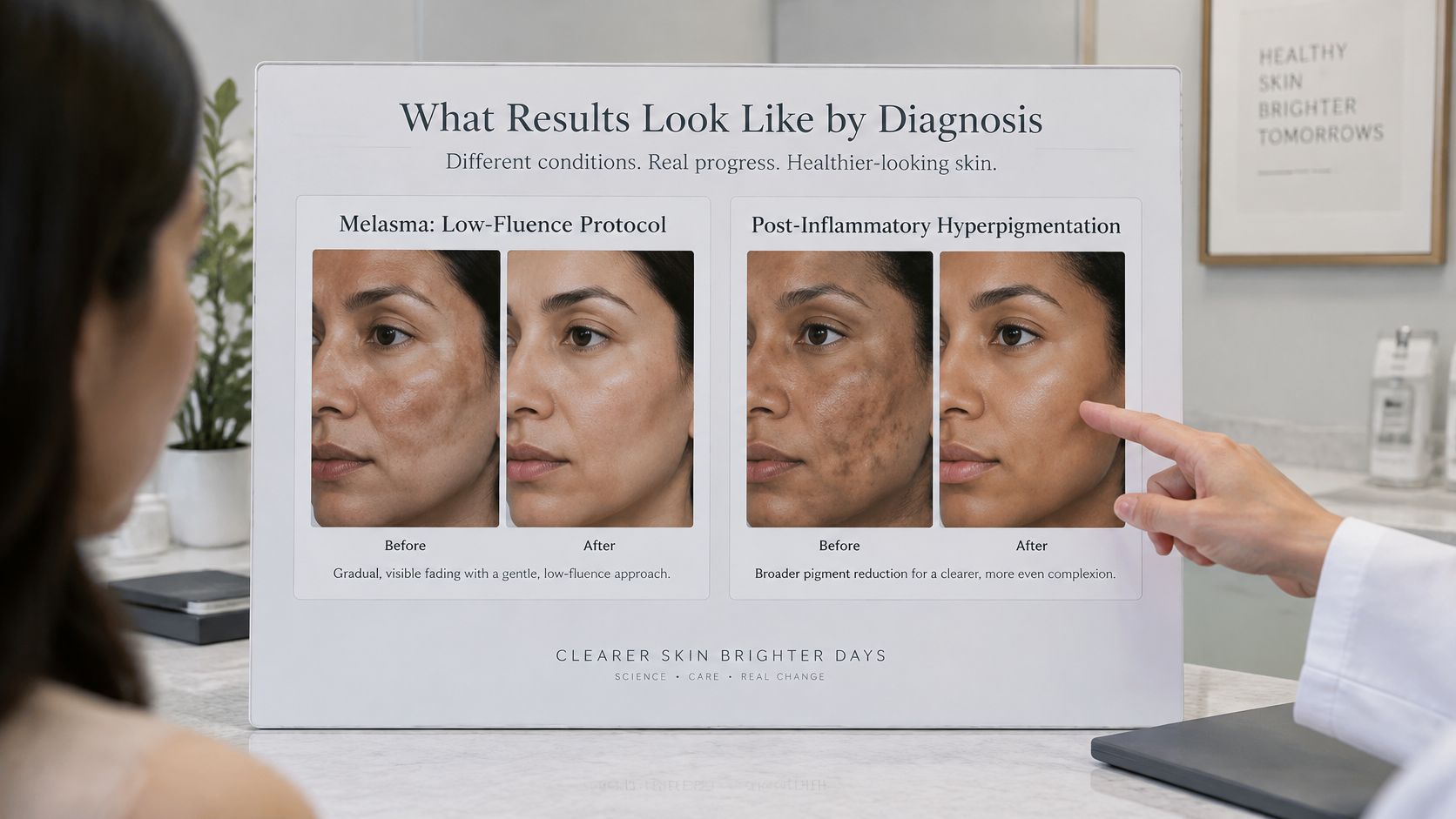 A professional clinic poster displaying before and after results of laser skin treatments for hyperpigmentation and melasma.
