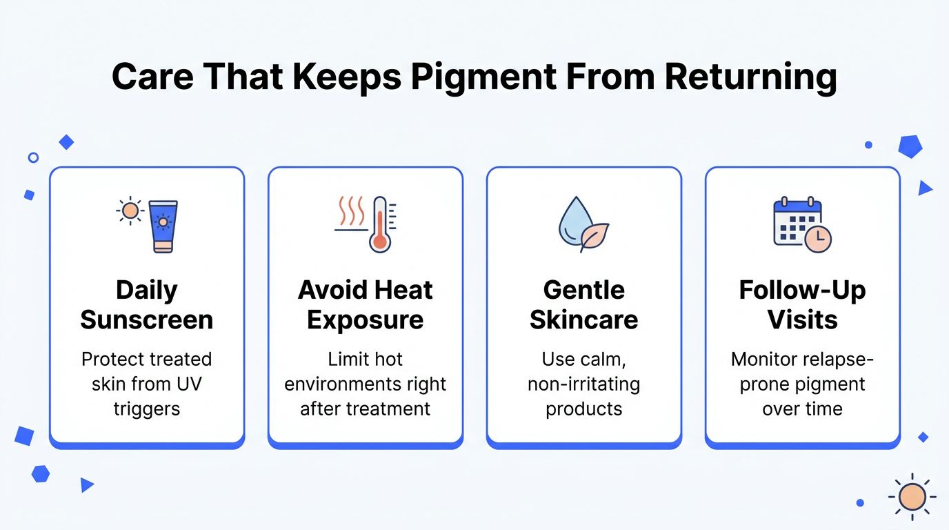 An infographic titled Care That Keeps Pigment From Returning showing four tips for maintaining skin after pigmentation treatment.