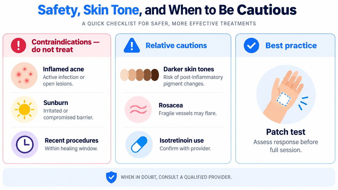 A safety checklist infographic illustrating treatment contraindications, relative cautions, and best practices for skin procedures.