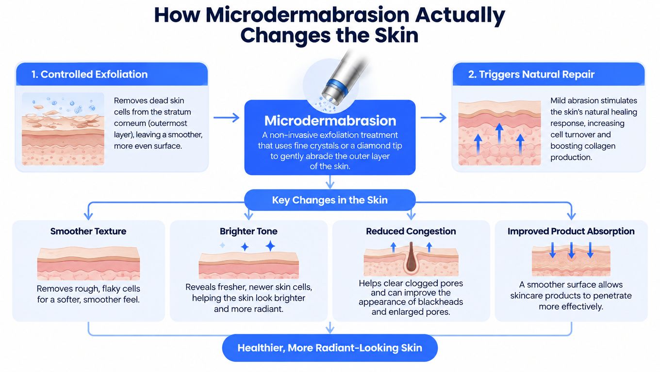 A diagram explaining how microdermabrasion exfoliates skin, triggers natural repair, and improves texture, tone, and absorption.