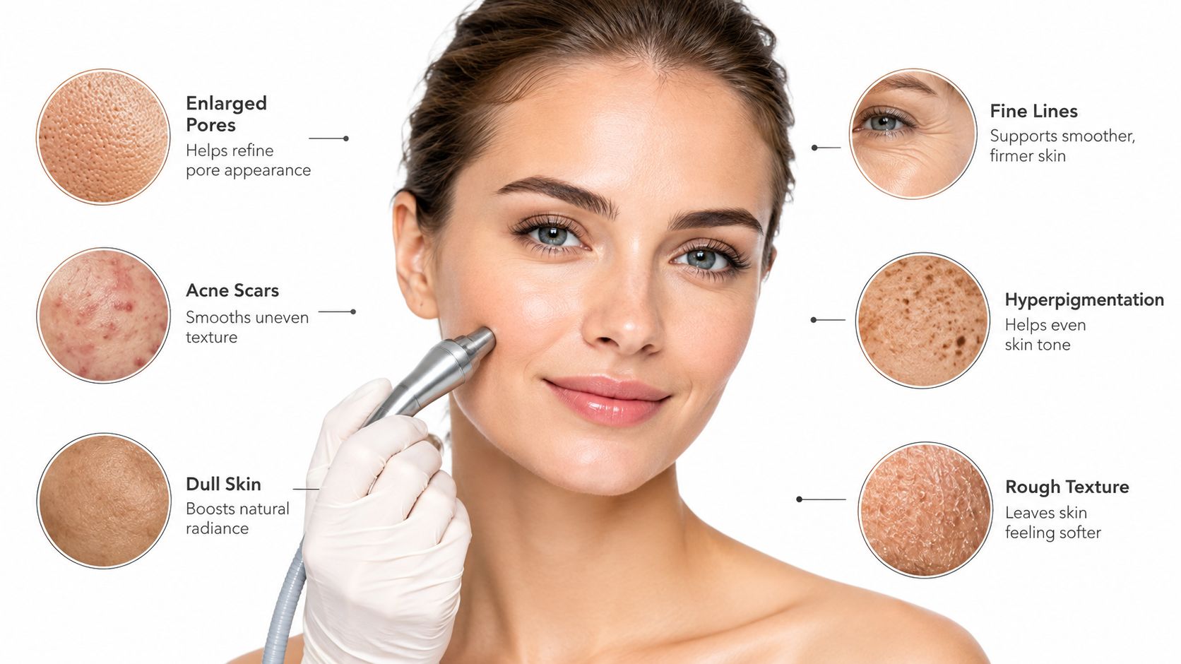 A woman undergoing a professional microdermabrasion facial treatment to address various skin concerns shown in circles.