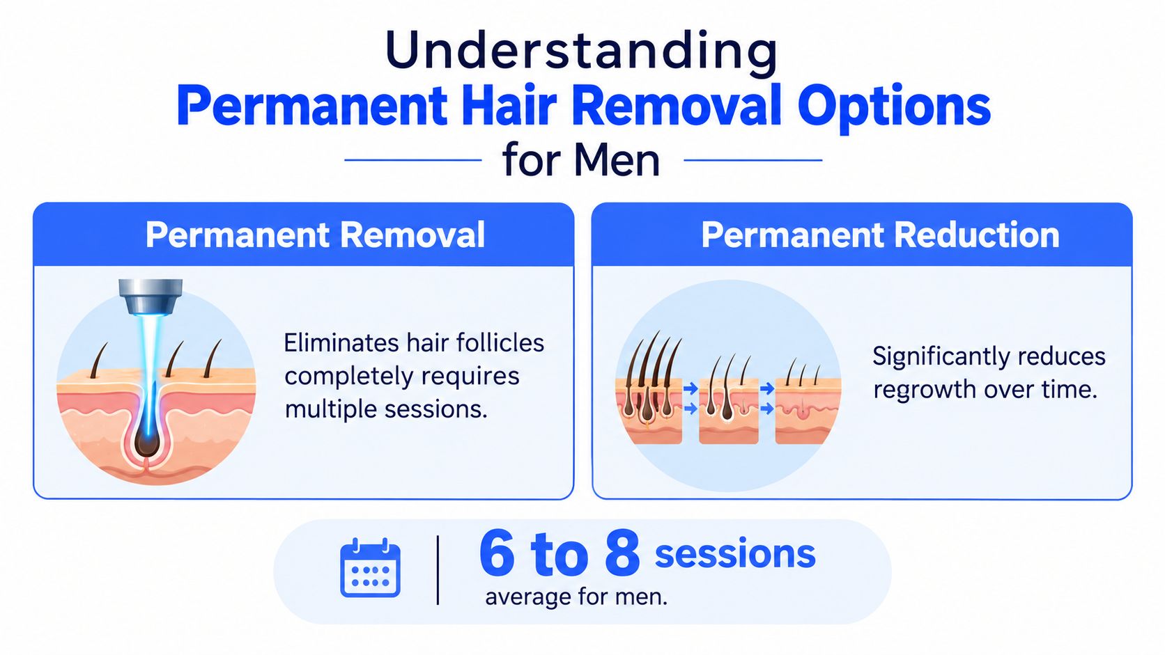 An infographic comparing permanent hair removal and permanent hair reduction options for men with session requirements.