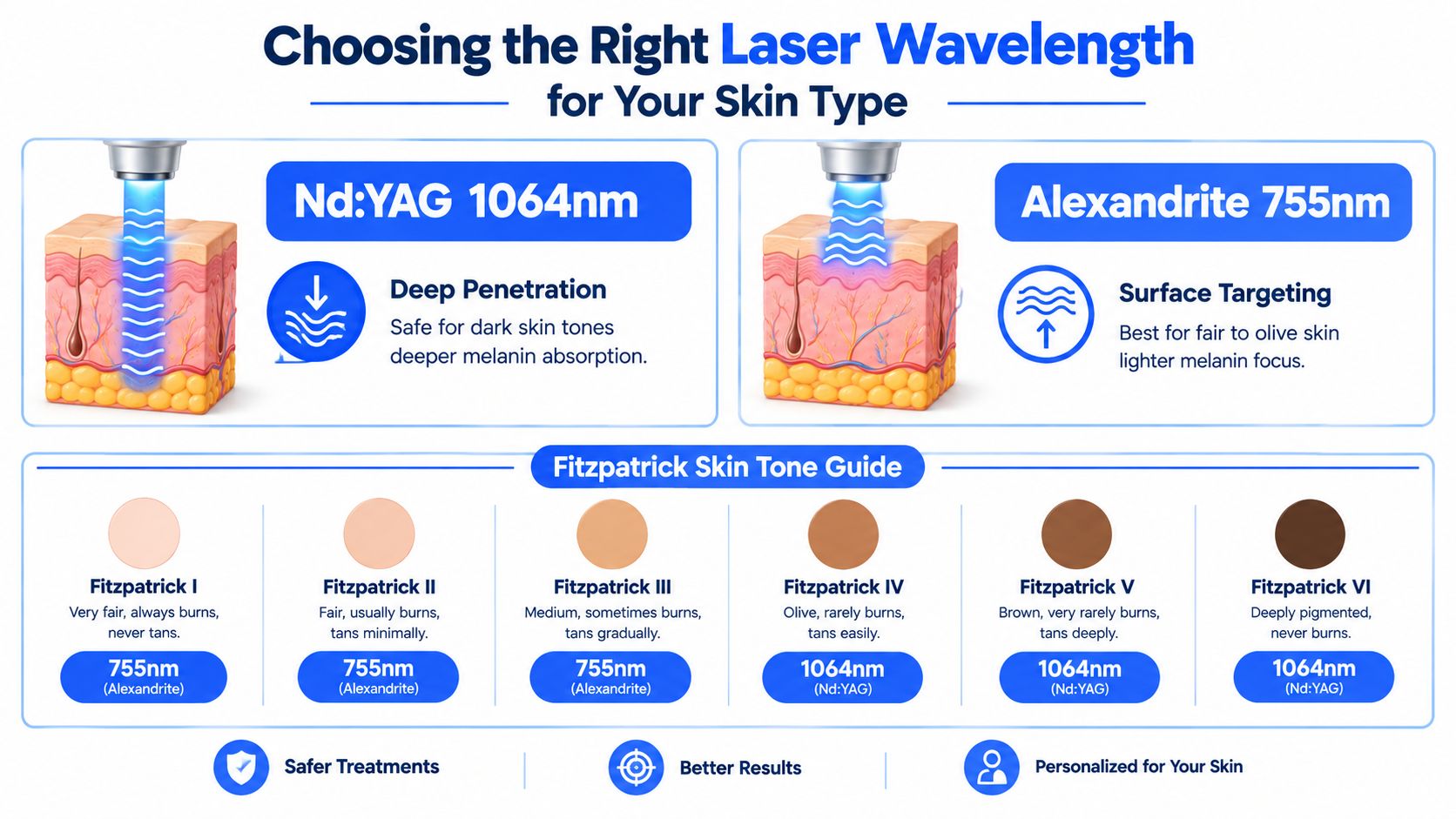 A chart comparing Nd:YAG 1064nm and Alexandrite 755nm laser wavelengths for different Fitzpatrick skin tones for hair removal.