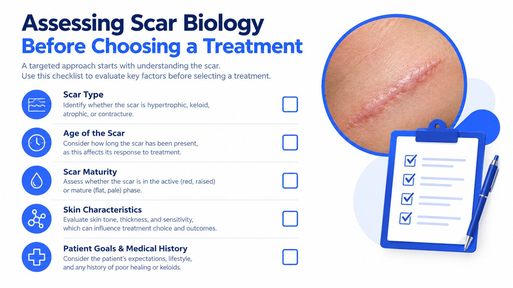 A checklist for assessing scar biology before selecting a treatment, featuring five key evaluation criteria.