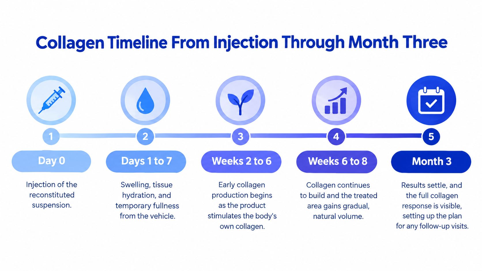 A timeline graphic showing the progression of collagen stimulation from injection at day zero to month three.