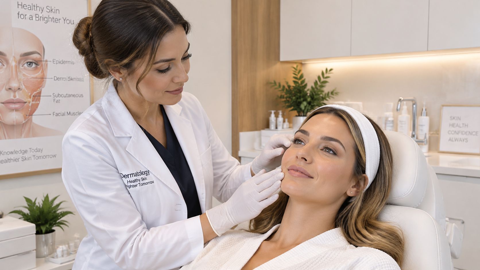 A professional dermatologist examines a patient's facial skin during a consultation at a skincare clinic.