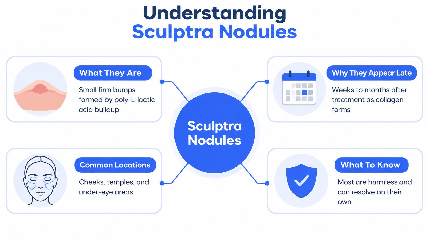 An infographic titled Understanding Sculptra Nodules, explaining what they are, why they appear late, locations, and outlook.