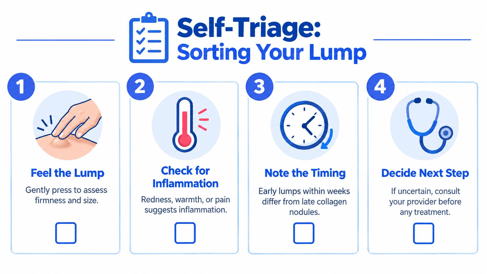 A 4-step infographic showing how to self-triage a skin lump by feeling it, checking inflammation, timing, and consulting a doctor.
