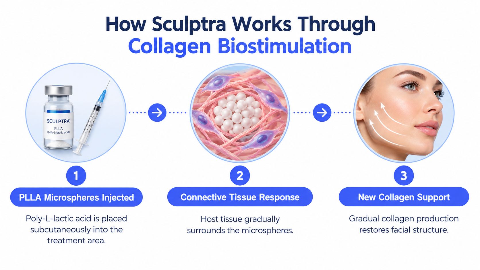 A diagram illustrating the three-step process of Sculptra facial collagen biostimulation through PLLA microsphere injection.