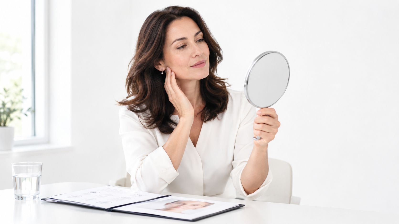 A woman looks at her face in a hand mirror during a professional skincare consultation session.