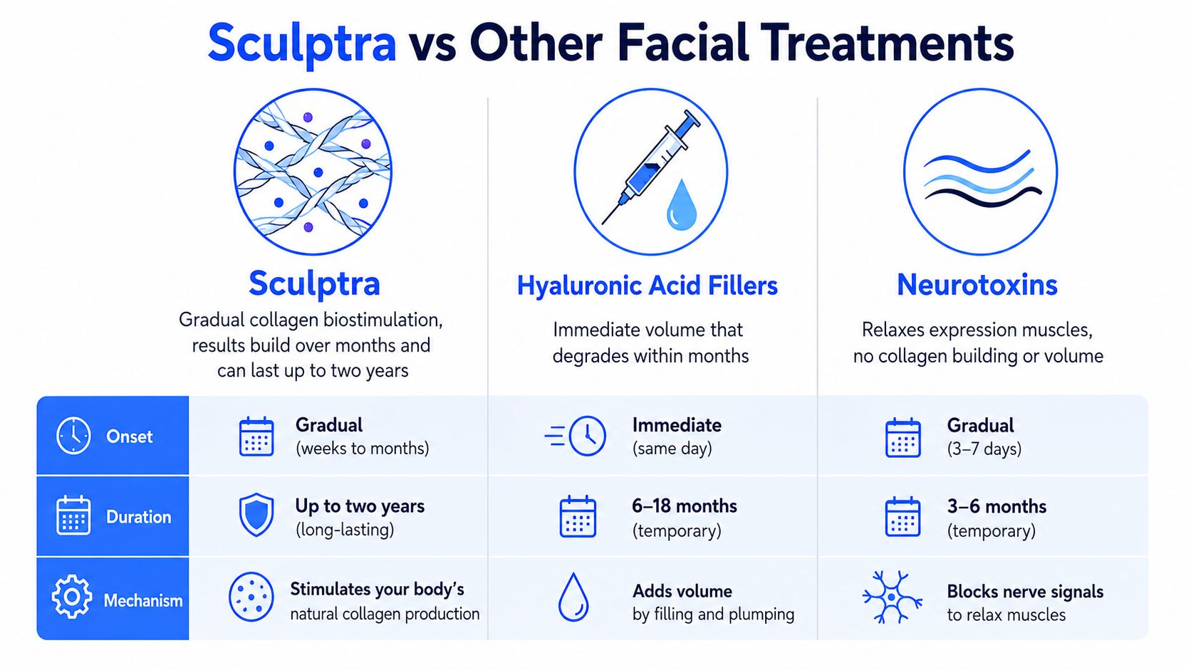 A comparison chart showing differences between Sculptra, hyaluronic acid fillers, and neurotoxin facial treatments.